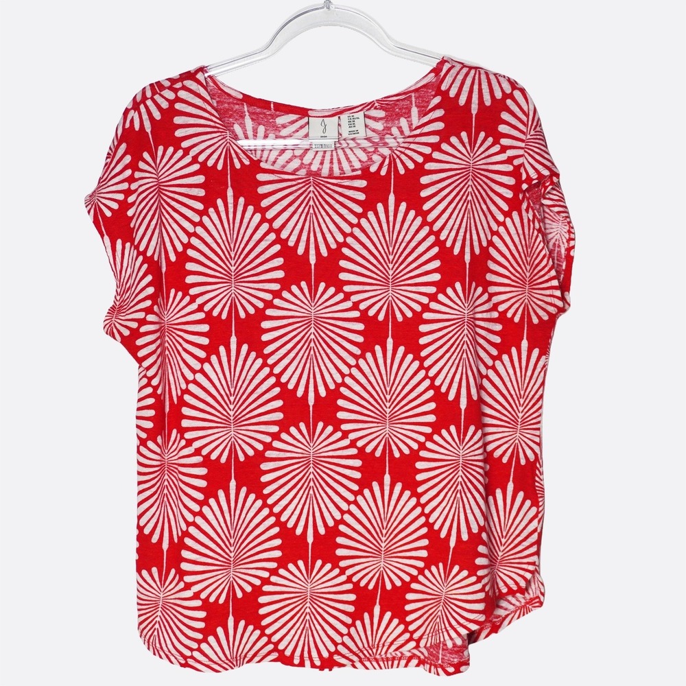 Joie 100% Linen Palm Print Top L 12 Red White Knit Cap Sleeve Blouse - Picture 2 of 8